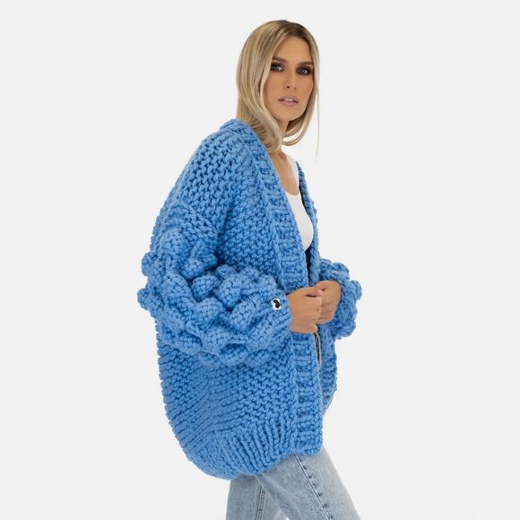 MumsHandmade Bubble Sleeve Cardigan Knit Chunky Blue Wool Popcorn Aran Mum's - Picture 4 of 10